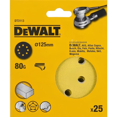 Шлифовальные круги DEWALT DT3113, 125 мм, 8 отверстий, 80G, 25 шт. Шлифовальные круги DEWALT DT3113, 125 мм, 8 отверстий, 80G, 25 шт.
