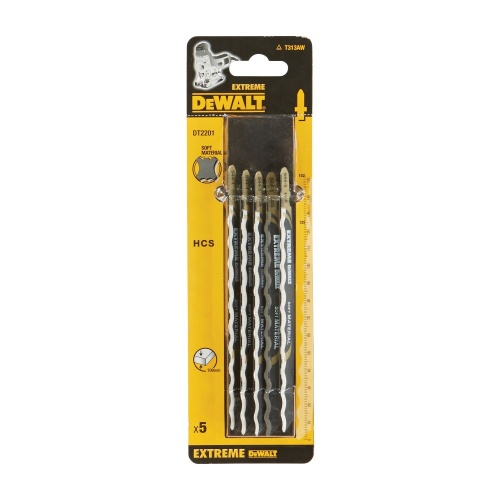 Пилка для лобзика DEWALT EXTREME DT2201, по мягким материалам, HCS, нож волнистый, 152 x 125 x 100 мм, T313AW, 5 шт. Пилка для лобзика DEWALT EXTREME DT2201, по мягким материалам, HCS, нож волнистый, 152 x 125 x 100 мм, T313AW, 5 шт.