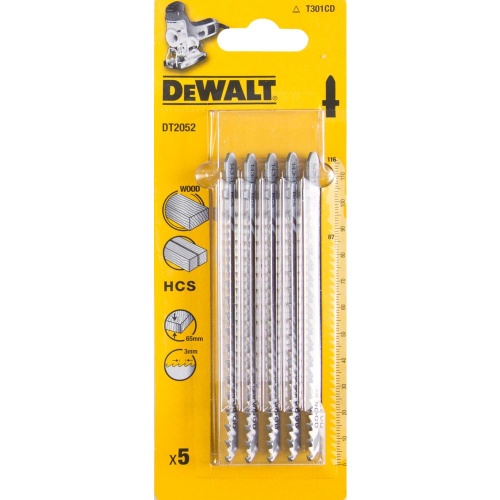 Пилка для лобзика DEWALT DT2052, по дереву из высокоуглеродистой стали, HCS, 116 x 87 x 3.0 x 65 мм, T301CD, 5 шт.