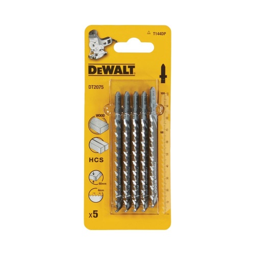 Пилка для лобзика DEWALT DT2075, по дереву из высокоуглеродистой стали, HCS, 100 x 68 x 4.0 x 60 мм, T144DP, 5 шт.