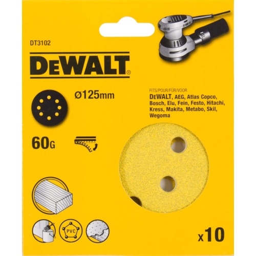 Шлифовальные круги DEWALT DT3102, 125 мм, 8 отверстий, 60G, 10 шт. Шлифовальные круги DEWALT DT3102, 125 мм, 8 отверстий, 60G, 10 шт.