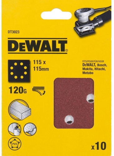 Шлифлисты перфорированные, 115 x 115 мм, 120G, 10 шт. DEWALT DT3023-QZ