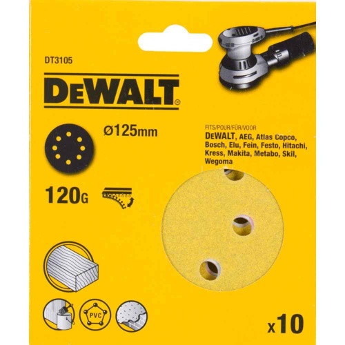 Шлифовальные круги DEWALT DT3105, 125 мм, 8 отверстий, 120G, 10 шт. Шлифовальные круги DEWALT DT3105, 125 мм, 8 отверстий, 120G, 10 шт.