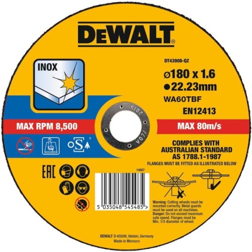Круг отрезной, высокий ресурс 180x22.2x1.6мм тип 41 DEWALT DT43908 Круг отрезной, высокий ресурс 180x22.2x1.6мм тип 41 DEWALT DT43908