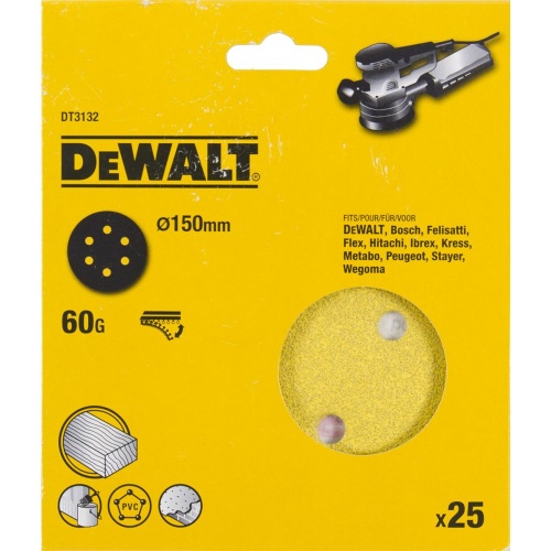 Шлифовальные круги DEWALT DT3132, 150 мм, 6 отверстий, 60G, 25 шт. Шлифовальные круги DEWALT DT3132, 150 мм, 6 отверстий, 60G, 25 шт.