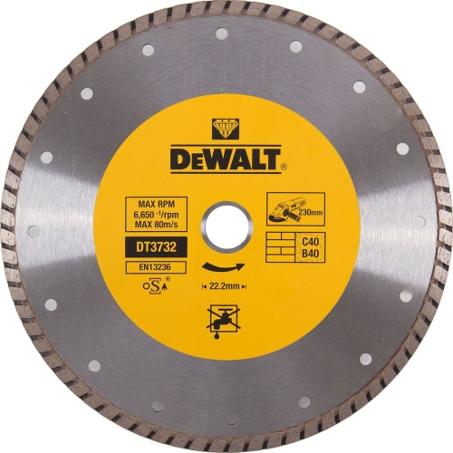 Диск алмазный отрезной DEWALT DT3732, Turbo, (230 x 22.2 мм) для угловой шлифмашины фото 2 Диск алмазный отрезной DEWALT DT3732, Turbo, (230 x 22.2 мм) для угловой шлифмашины фото 2