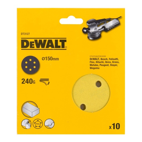 Шлифкруги DEWALT DT3127, 150 мм, 6 отверстий, 240G, 10 шт. Шлифкруги DEWALT DT3127, 150 мм, 6 отверстий, 240G, 10 шт.