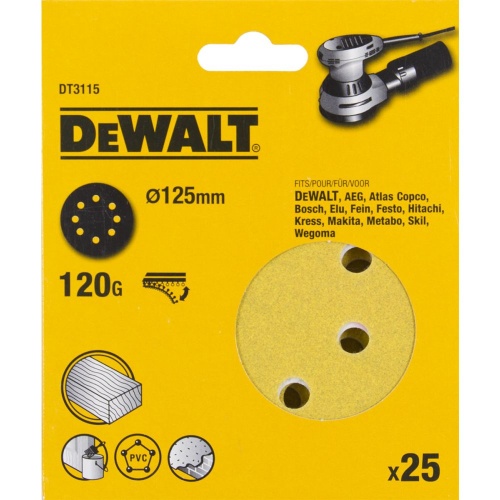 Шлифовальные круги DEWALT DT3115, 125 мм, 8 отверстий, 120G, 25 шт. Шлифовальные круги DEWALT DT3115, 125 мм, 8 отверстий, 120G, 25 шт.