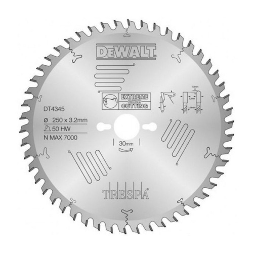 Пильный диск DEWALT DT4345 Extreme ø250mm 50T по Trespa® (HPL) Пильный диск DEWALT DT4345 Extreme ø250mm 50T по Trespa® (HPL)