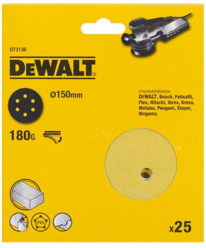 Шлифкруги 150мм 6 отверстий 180G, 25шт DEWALT DT3136-QZ Шлифкруги 150мм 6 отверстий 180G, 25шт DEWALT DT3136-QZ