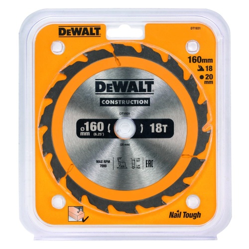 Диск пильный по дереву DEWALT CONSTRUCTION, 160х20х1.5 мм (DT1931-QZ)