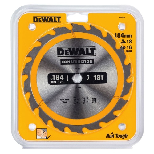 Диск пильный по дереву DEWALT CONSTRUCTION, 184х16х1.7 мм (DT1938-QZ)
