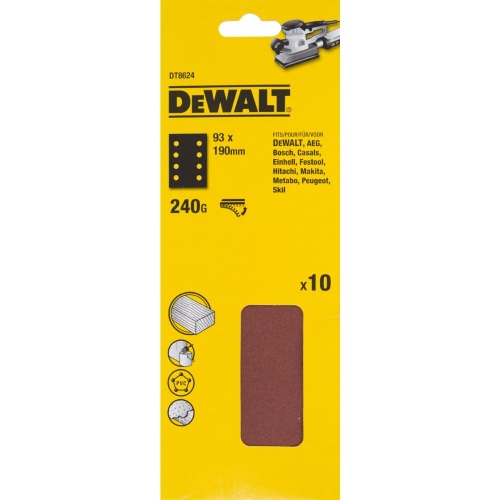 Шлифлисты перфорированные DEWALT DT8624, 93 x 190 мм, 240G, 10 шт. Шлифлисты перфорированные DEWALT DT8624, 93 x 190 мм, 240G, 10 шт.