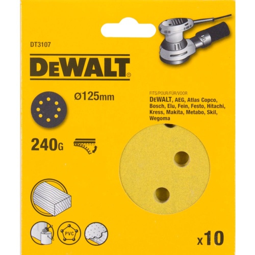 Шлифовальные круги DEWALT DT3107, 125 мм, 8 отверстий, 240G, 10 шт. Шлифовальные круги DEWALT DT3107, 125 мм, 8 отверстий, 240G, 10 шт.
