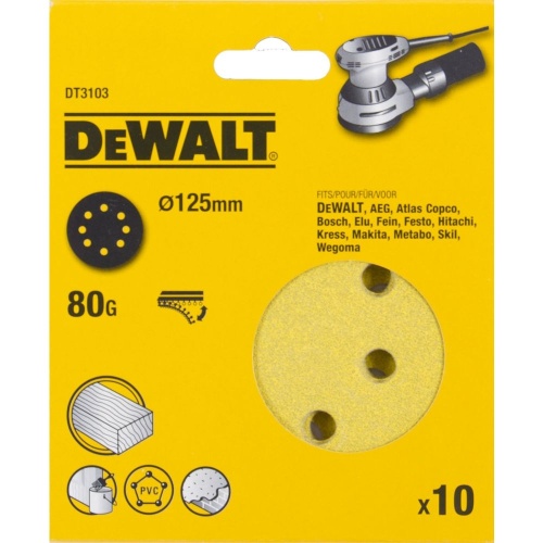 Шлифовальные круги DEWALT DT3103, 125 мм, 8 отверстий, 80G, 10 шт. Шлифовальные круги DEWALT DT3103, 125 мм, 8 отверстий, 80G, 10 шт.