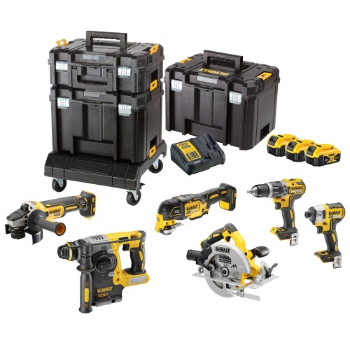 Аккумуляторный набор DEWALT DCK685P3T, 18 В: перфоратор + дисковая пила + УШМ + дрель + шуруповерт + реноватор, с 3 АКБ 5 Ач и ЗУ, в 3 кейсах TSTAK (DCK685P3T-QW)