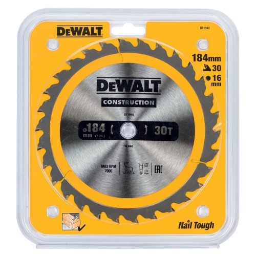 Пильный диск DEWALT CONSTRUCTION DT1940, 184/16 мм. Пильный диск DEWALT CONSTRUCTION DT1940, 184/16 мм.