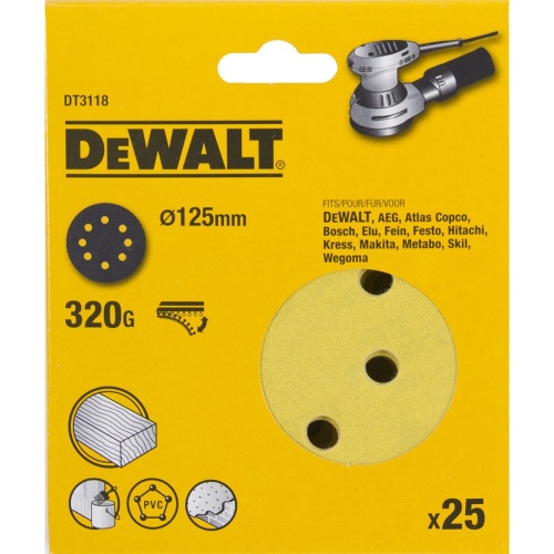 Шлифовальные круги DEWALT DT3118, 125 мм, 8 отверстий, 320G, 25 шт. Шлифовальные круги DEWALT DT3118, 125 мм, 8 отверстий, 320G, 25 шт.