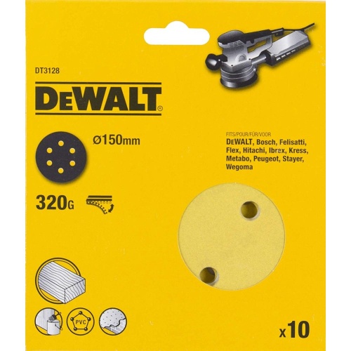 Шлифкруги DEWALT DT3128, 150 мм, 6 отверстий, 320G, 10 шт. Шлифкруги DEWALT DT3128, 150 мм, 6 отверстий, 320G, 10 шт.
