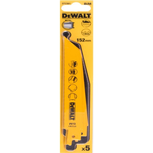 Полотно DEWALT DT2361, по металлу для сабельных пил биметаллическое, BiM, 152 x 1.8 мм, S922BF, 5 шт. Полотно DEWALT DT2361, по металлу для сабельных пил биметаллическое, BiM, 152 x 1.8 мм, S922BF, 5 шт.