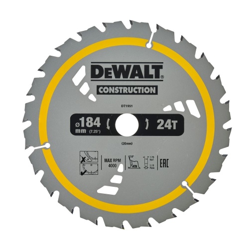 Пильный диск DEWALT CONSTRUCTION DT1951, 184/20 мм. фото 2 Пильный диск DEWALT CONSTRUCTION DT1951, 184/20 мм. фото 2