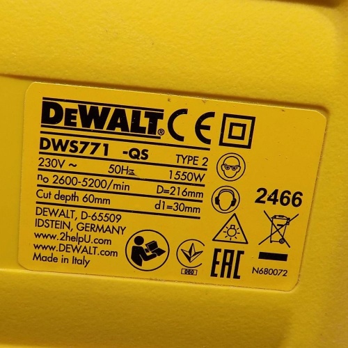 Торцовочная пила DEWALT DWS771, 1550 Вт, 216 мм, 5200 об/мин (DWS771-QS) фото 3 Торцовочная пила DEWALT DWS771, 1550 Вт, 216 мм, 5200 об/мин (DWS771-QS) фото 3
